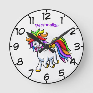Cute & Funny Baby Unicorn Cartoon Personalize Round Clock