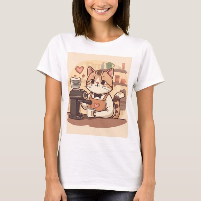 Cute Funny Barista Cat with Coffee T-shirt (Front)