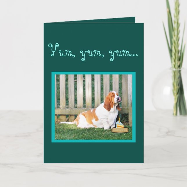 Cute & Funny Basset Hound On Birthday Card w/Cake (Front)