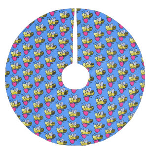 Cute funny bee with heart cartoon illustration brushed polyester tree skirt