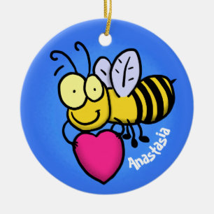 Cute funny bee with heart cartoon illustration ceramic tree decoration