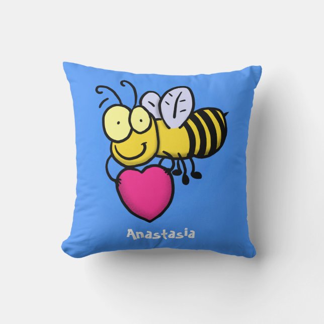 Cute funny bee with heart cartoon illustration cushion (Front)
