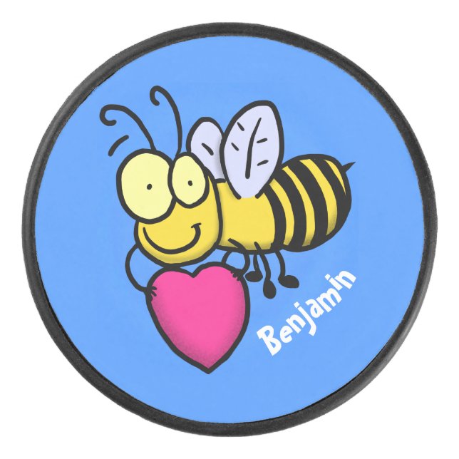 Cute funny bee with heart cartoon illustration hockey puck (Front)