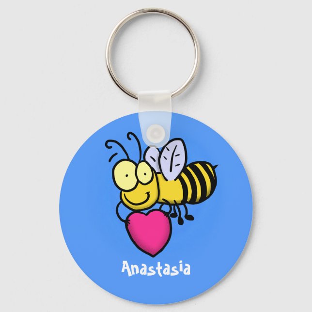 Cute funny bee with heart cartoon illustration key ring (Front)