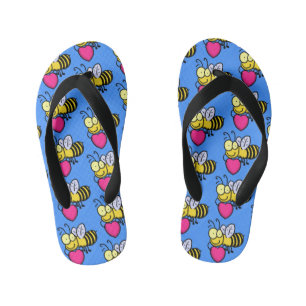 Cute funny bee with heart cartoon illustration kid's flip flops