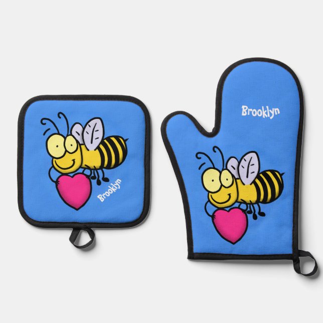 Cute funny bee with heart cartoon illustration oven mitt & pot holder set (Front)