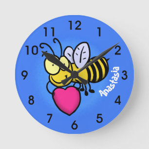 Cute funny bee with heart cartoon illustration round clock