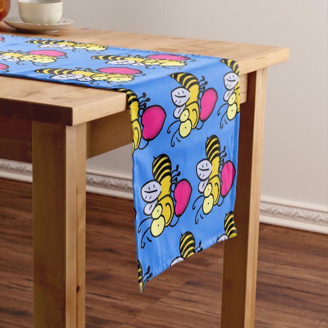 Cute funny bee with heart cartoon illustration short table runner (In Situ)