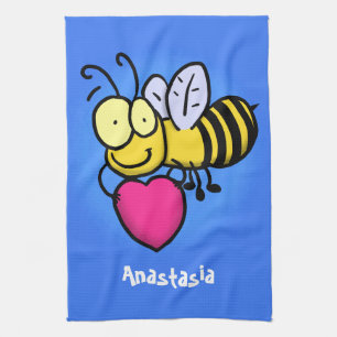 Cute funny bee with heart cartoon illustration tea towel