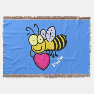 Cute funny bee with heart cartoon illustration throw blanket