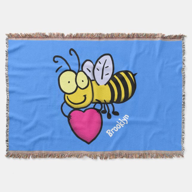 Cute funny bee with heart cartoon illustration throw blanket (Front)