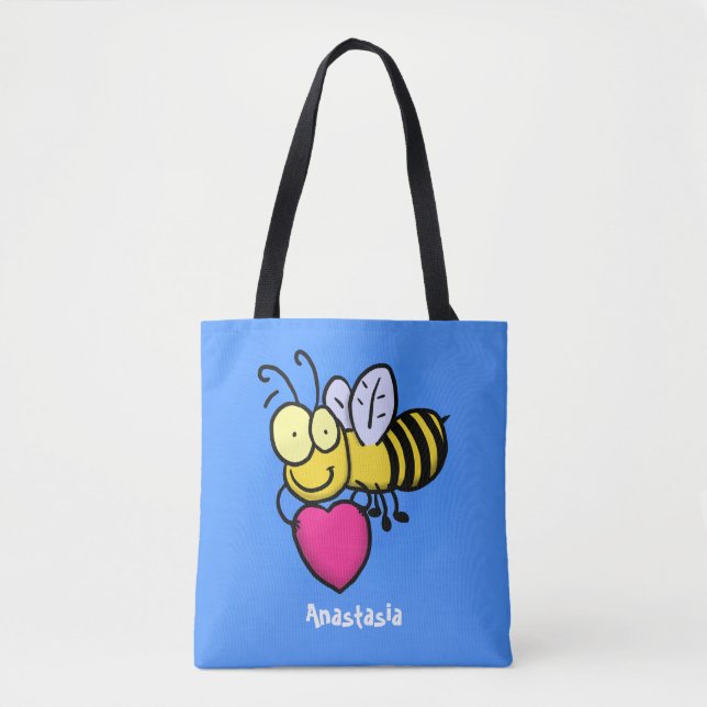 Cute funny bee with heart cartoon illustration tote bag (Front)