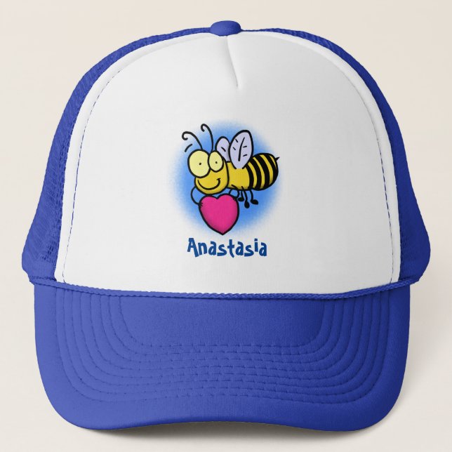 Cute funny bee with heart cartoon illustration trucker hat (Front)