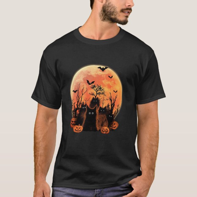 Cute Funny Black Cat And Blood Moon Night Pumpkins T-Shirt (Front)