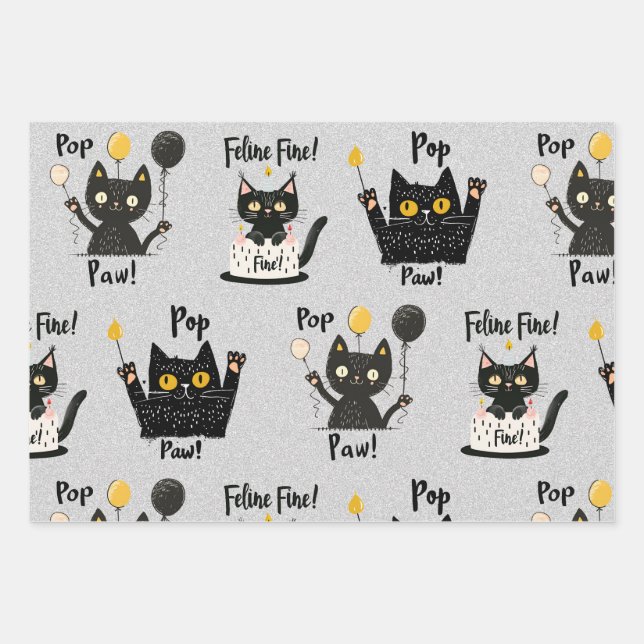 Cute Funny Black Cat Holding Balloons-Birthday Wrapping Paper Sheet (Front 2)