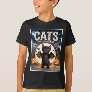 Cute Funny Black Cat In Bat Costume Halloween Zine T-Shirt