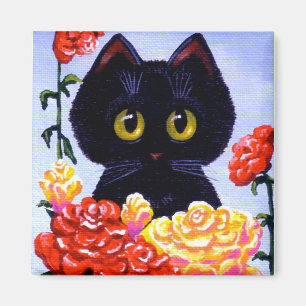 Cute Funny Black Cat Red Roses Creationarts art Magnet