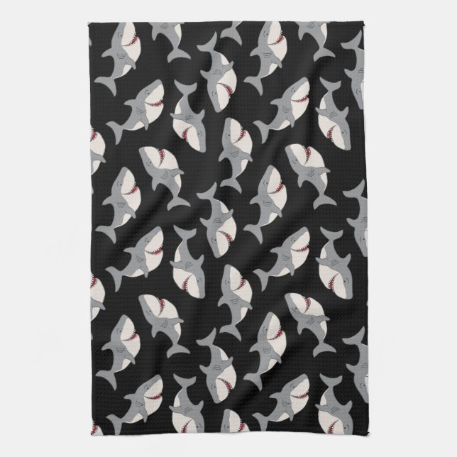 Cute Funny Black Grey Great White Shark Tea Towel (Vertical)