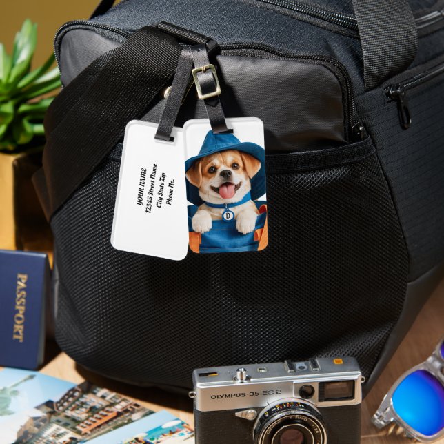 Cute Funny Blue Hat Happy Dog Luggage Tag (Front & Back)