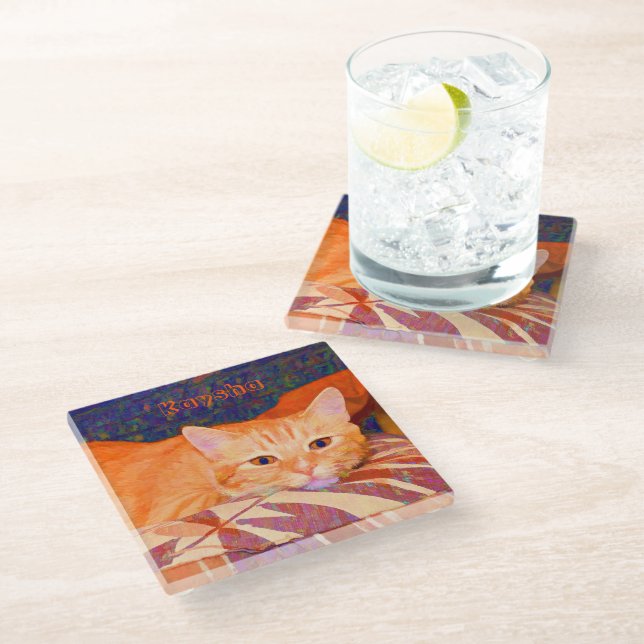 Cute Funny Bright Orange Tabby Cat Glass Coaster (Angled)