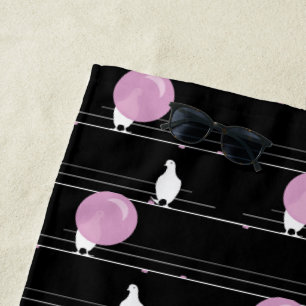 Cute Funny Bubblegum Birds on a Wire Pattern Black Beach Towel
