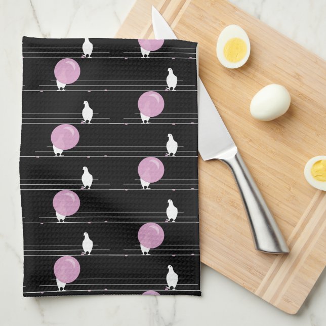 Cute Funny Bubblegum Birds on a Wire Pattern Black Tea Towel (Quarter Fold)