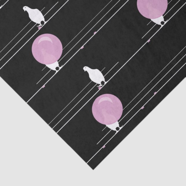 Cute Funny Bubblegum Birds on a Wire Pattern Black Tissue Paper (Detail)