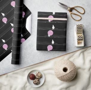 Cute Funny Bubblegum Birds on a Wire Pattern Black Wrapping Paper