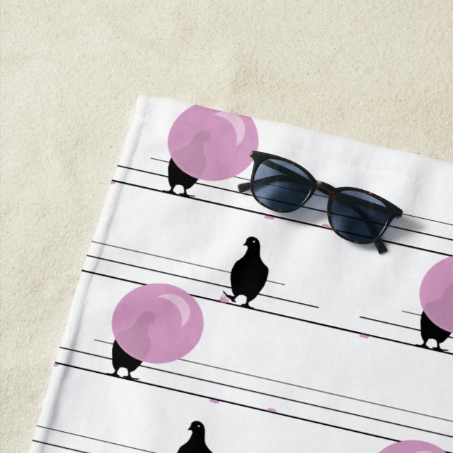 Cute Funny Bubblegum Birds on a Wire Pattern White Beach Towel (In Situ)