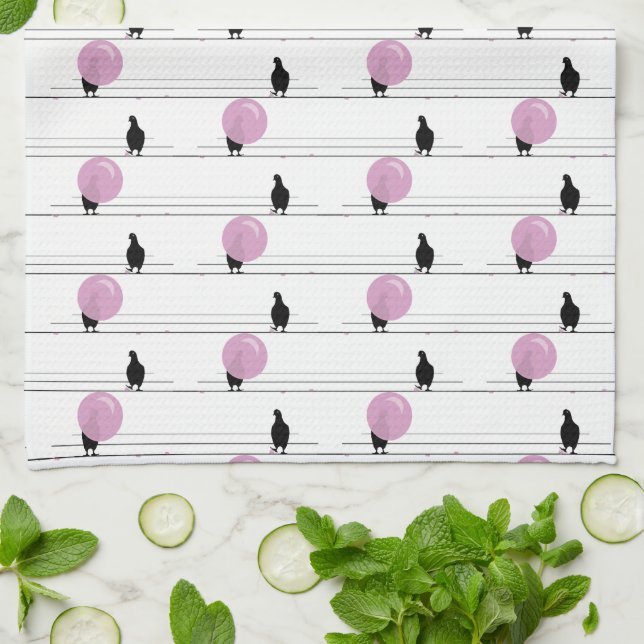 Cute Funny Bubblegum Birds on a Wire Pattern White Tea Towel (Folded)