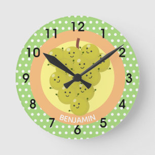 Cute funny bunch of grapes cartoon illustration round clock