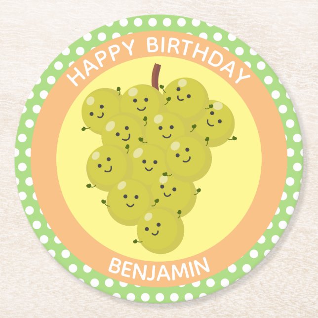 Cute funny bunch of grapes reunion cartoon round paper coaster (Front)