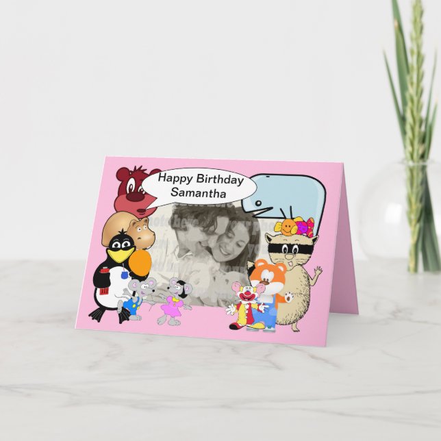 Cute funny cartoon animals on pink card (Front)