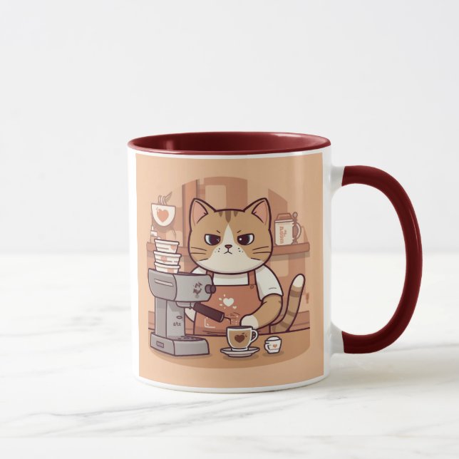 Cute Funny Cartoon Barista Cat Mug (Right)