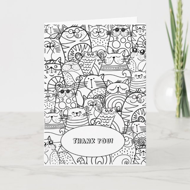 Cute Funny Cartoon Cats Colouring Colour Yourself Thank You Card (Front)
