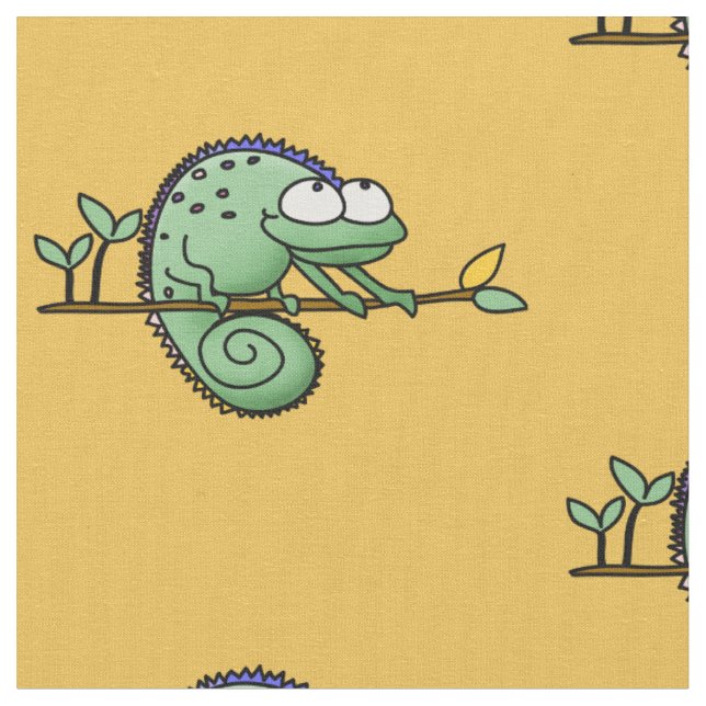 Cute Funny Cartoon Chameleon Green Lizard Fabric (Close Up)