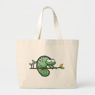 Cute Funny Cartoon Chameleon Green Lizard Large Tote Bag