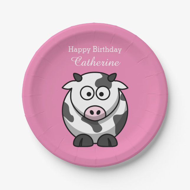 Cute Funny Cartoon Cow Pink Nose Custom Birthday Paper Plate (Front)