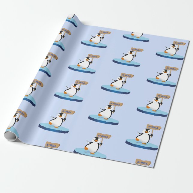 Cute Funny Cartoon Penguin Merry Christmas Wrapping Paper (Unrolled)