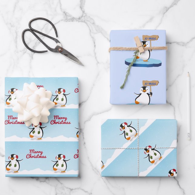 Cute Funny Cartoon Penguin Merry Christmas Wrapping Paper Sheet (Front)