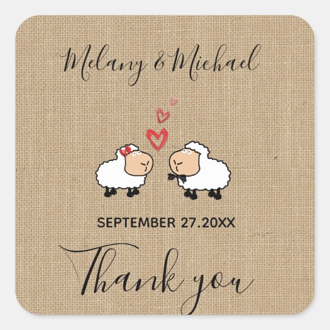 Cute funny cartoon sheep in love burlap Thank you Square Sticker (Front)