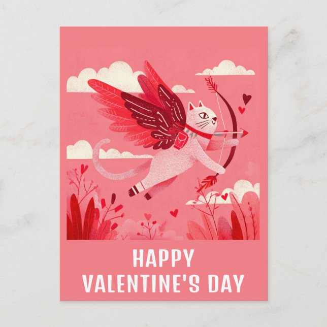 Cute Funny Cat Cupid Valentines Day Postcard (Front)