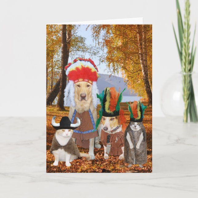 Cute/Funny Cat/Dog Indian Thanksgiving Holiday Card (Front)