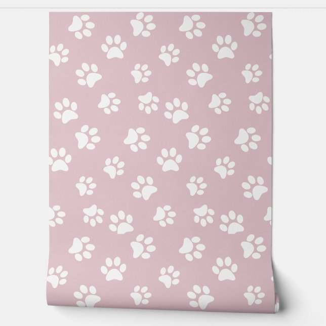   Cute Funny Cat Dog Paw Prints White & Blush Pink Wallpaper (Unrolling)