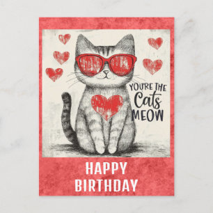 Cute Funny Cat Happy Birthday Hearts Postcard