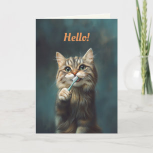 Cute Funny Cat Holding Toothbrush Folded Card