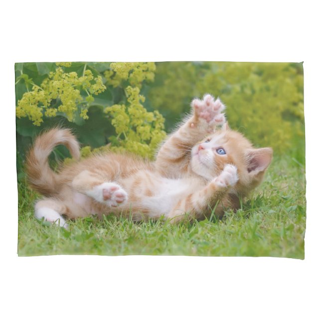 Cute funny cat kitten playing in a flowery garden pillowcase (Front)