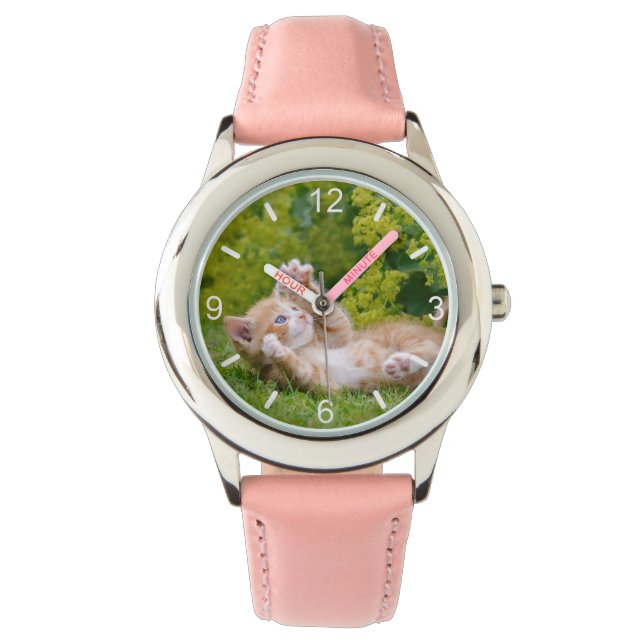 Cute funny cat kitten playing in a flowery garden watch (Front)