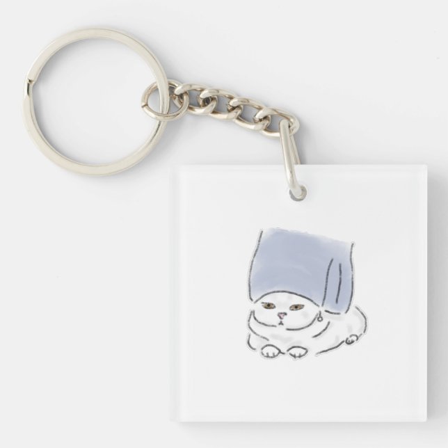 Cute Funny Cat with Towel Wrap and Earring Hand Dr Key Ring (Front)