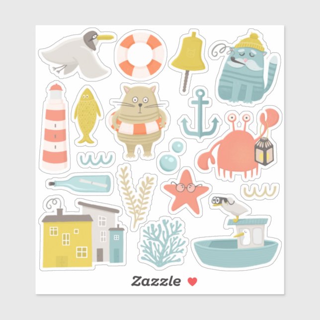 Cute funny cats, gull, crab. Nautical sea animals (Sheet)
